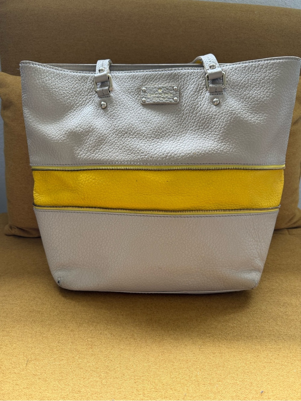 Kate Spade New York Leather Tote Cream Yellow Colorblock Zip Bag, repair project